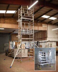 Miniscaff Solo Tower Features for Ultimate Safety and Convenience. Our robust and compact 1-person system is designed to meet the unique needs of both commercial and domestic environments. With a length of 1.3m and a width of 720mm